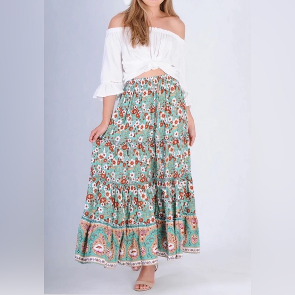 JAR OF HEARTS Boho Lover Aqua Turquoise Floral High Waisted Tiered Maxi Skirt - Picture 2 of 16